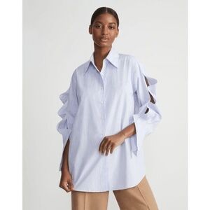 Lafayette 148 STRIPE COTTON POPLIN BUTTON SLEEVE OVERSIZED SHIRT sz small